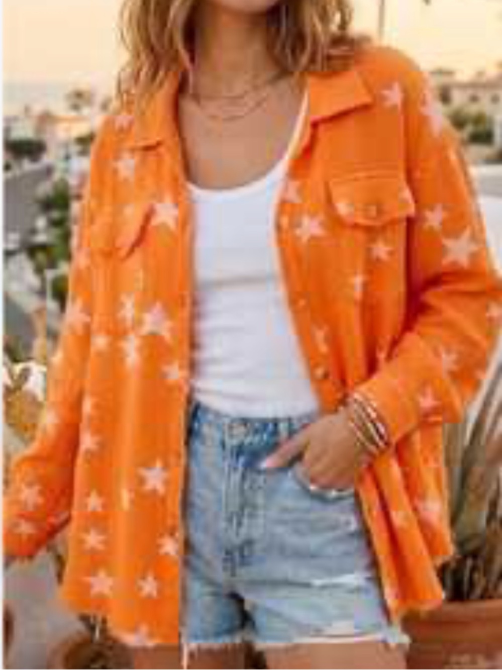 Davi & Dani star gauze button up top with raw hem
